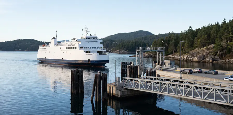Generated scene: a plain white car ferry without markings approaching a terminal berth on a calm bay below forested hills; not a photograph of a BC Ferries vessel or terminal.